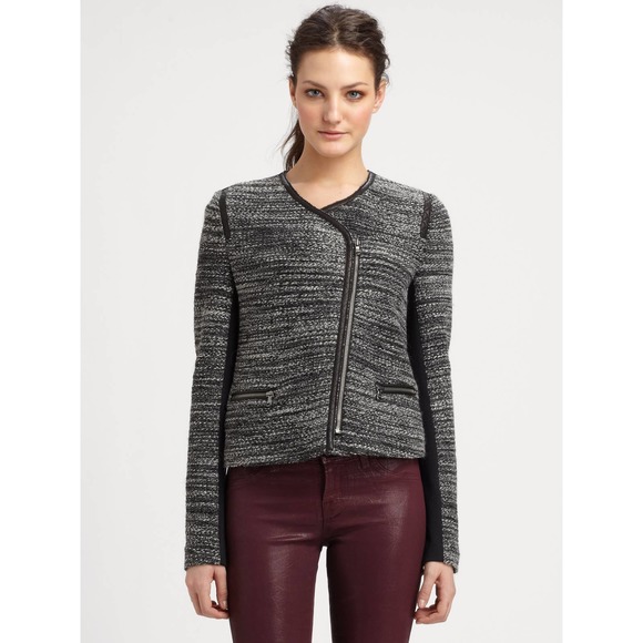 Rebecca Taylor Tweed Asymmetric Faux Leather Trim Jacket Grey Boucle Size 2 Moto - Picture 2 of 16